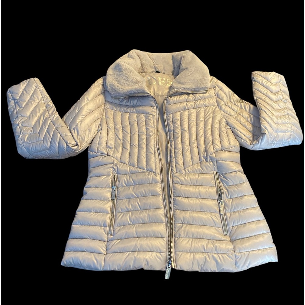Guess Quilted Puffer Silver Jacket Fur Lined